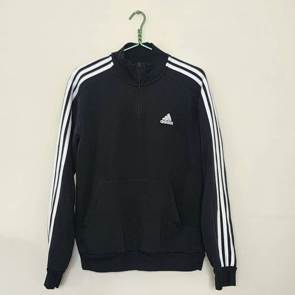 Adidas Mens Quarter Zip Sweatshirt Black White Stripes Fleece Pullover Medium